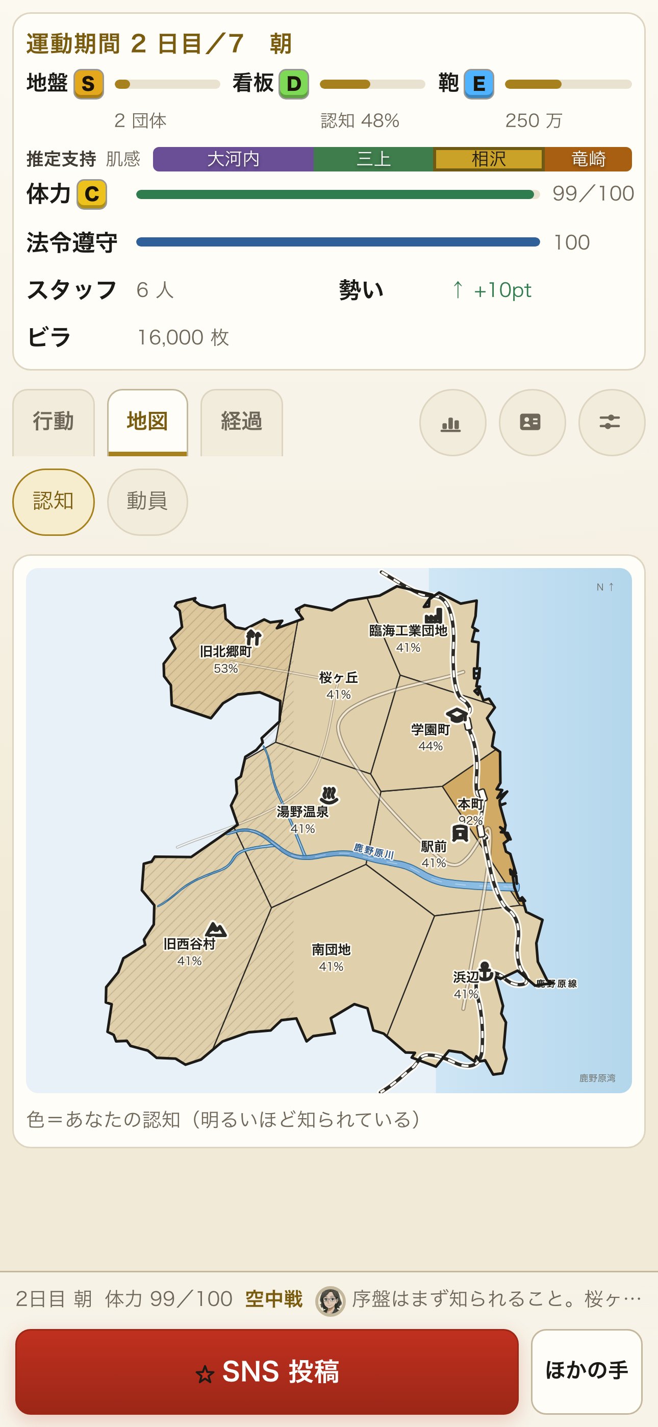 鹿野原市の地図。10 地区が認知度で塗り分けられている